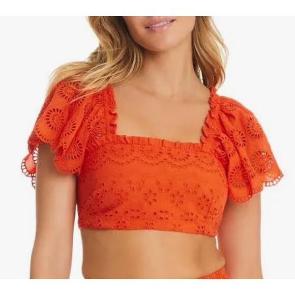 Red Carter Scorching Red Eyelet Flutter Sleeve Cotton Cover Up Top S NWT - Picture 1 of 4